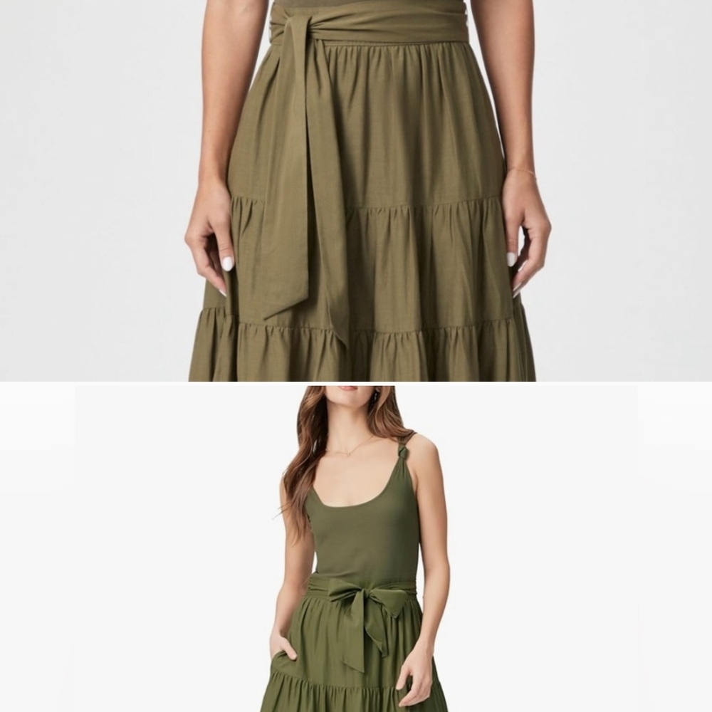 PAIGE Olive Green Tiered Midi Dress